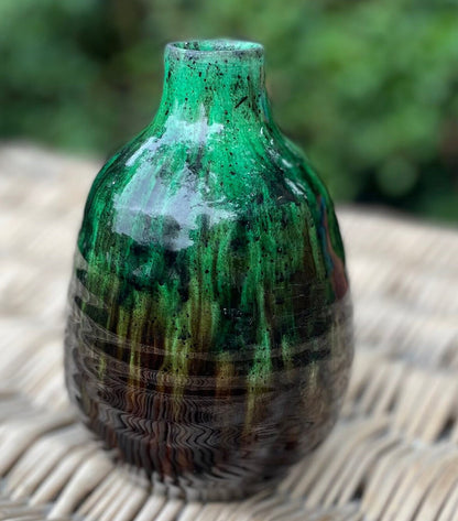 A  Delicately Ribbed Green Glazed Studio Art Pottery Vase 17cm Tall