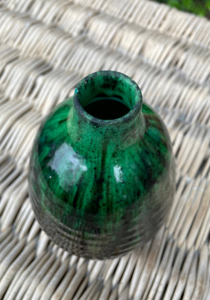 A  Delicately Ribbed Green Glazed Studio Art Pottery Vase 17cm Tall