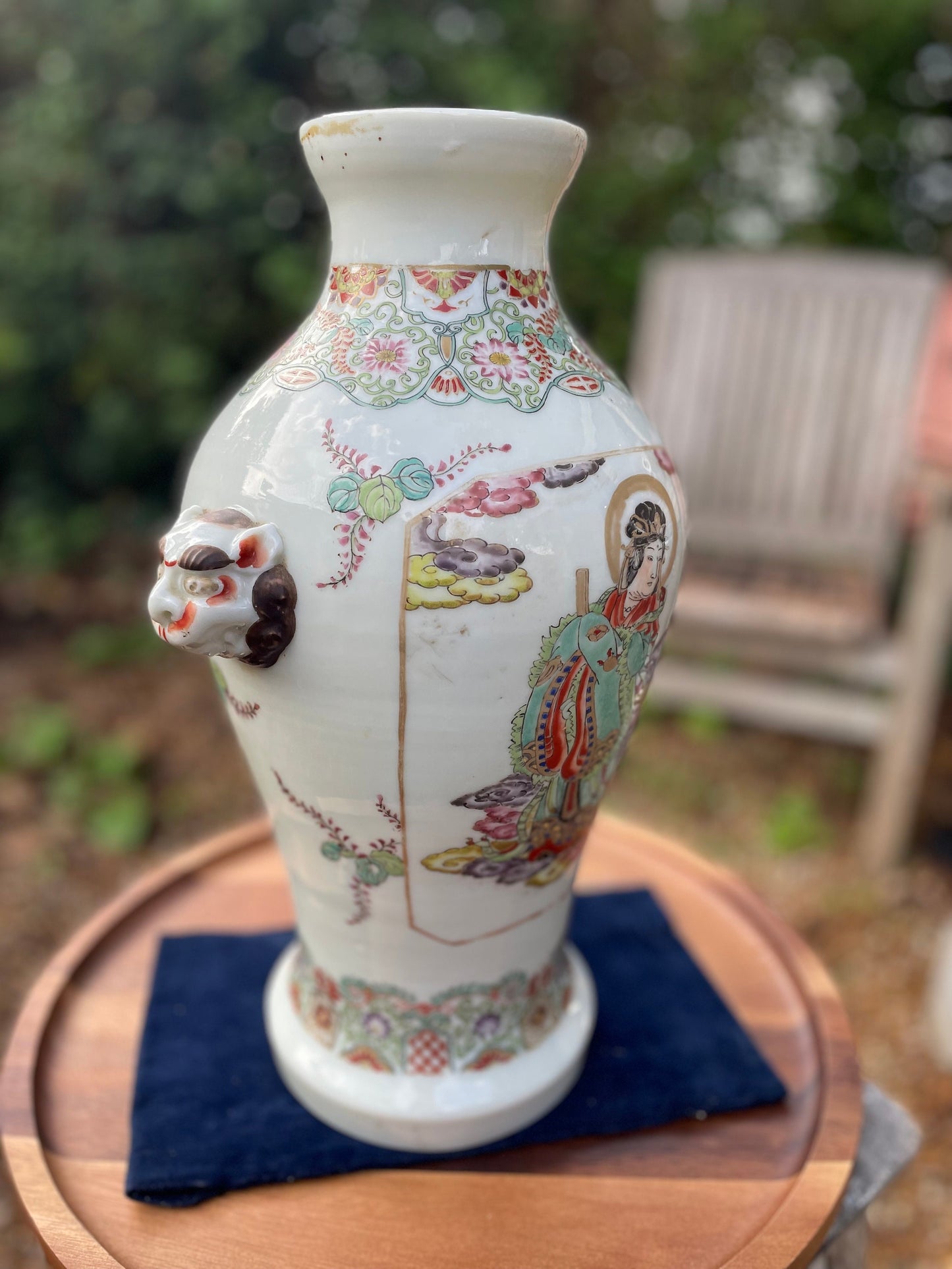 A Large Chinese Late 19th Century White Glaze Porcelain Vase With Hand Painted Figures, Bands of Blossom and Dog of Fo Handles, Height 37cm