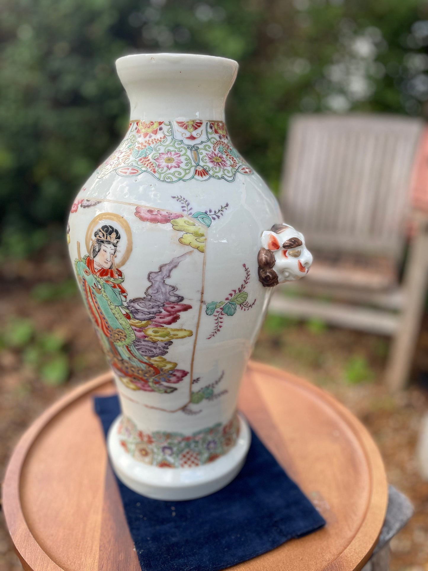 A Large Chinese Late 19th Century White Glaze Porcelain Vase With Hand Painted Figures, Bands of Blossom and Dog of Fo Handles, Height 37cm