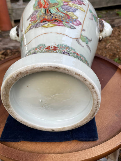 A Large Chinese Late 19th Century White Glaze Porcelain Vase With Hand Painted Figures, Bands of Blossom and Dog of Fo Handles, Height 37cm