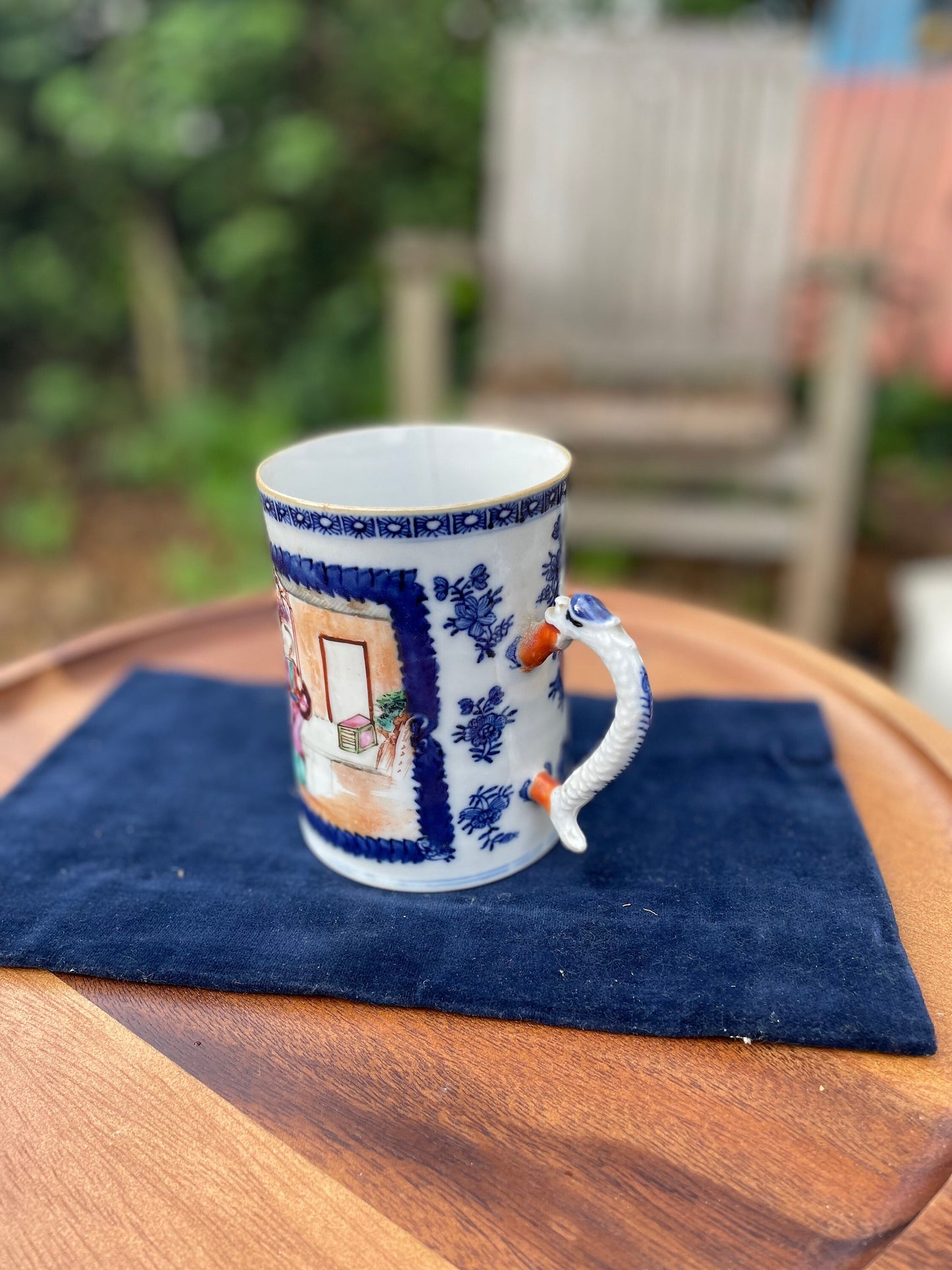 A Chinese 18th Century Antique Hand Painted Porcelain Mug With Garden Scene and Dragon Design Handle  11.5cm Tall