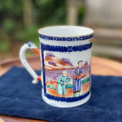 A Chinese 18th Century Antique Hand Painted Porcelain Mug With Garden Scene and Dragon Design Handle  11.5cm Tall