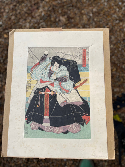 An Original Japanese Mounted Colour Woodblock Print of a Samurai Warrior by Toyokuni (1769 - 1825) Image 34.5cm x 25cm