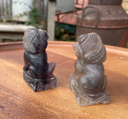 Two Hand Carved Oriental Natural Amethyst Foo Dogs 7cm Tall