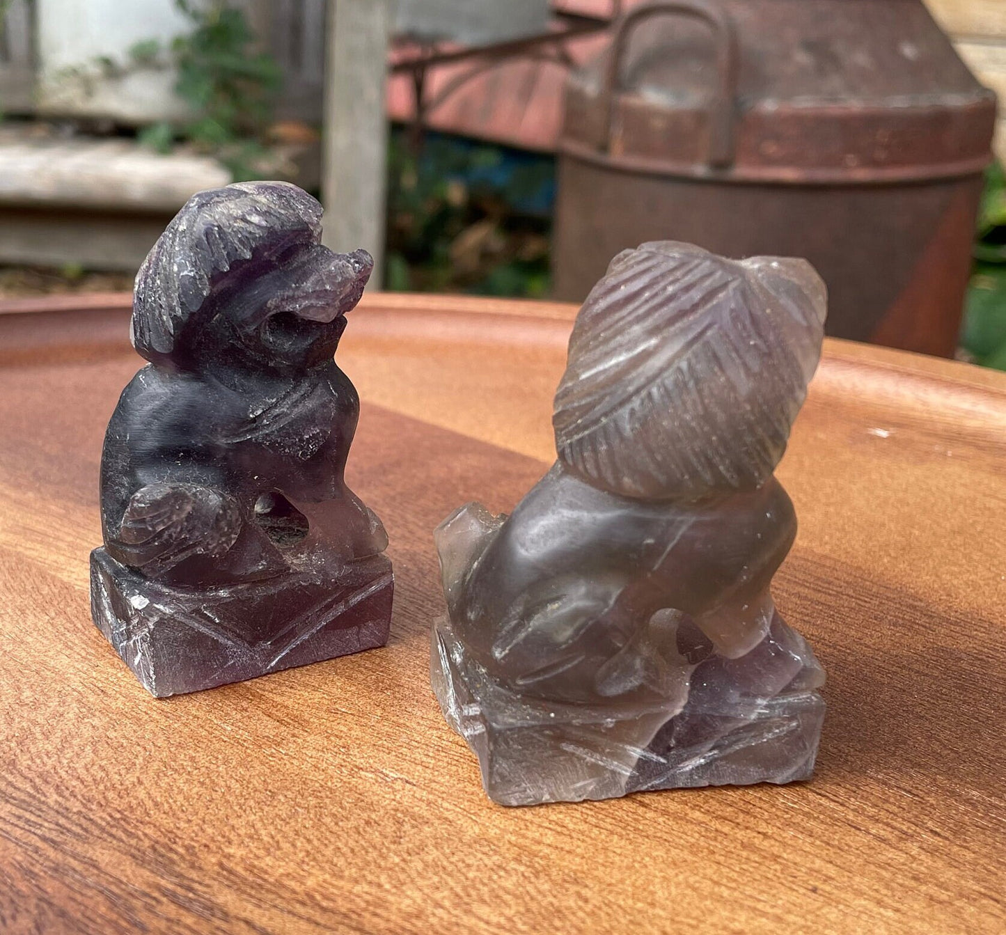 Two Hand Carved Oriental Natural Amethyst Foo Dogs 7cm Tall