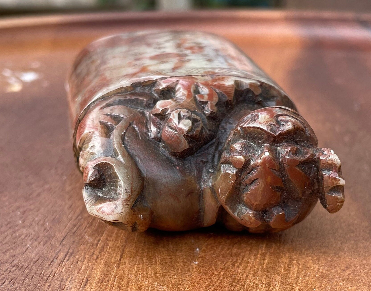 An Oriental Soapstone Seal With a Dog of Foo - Etched Landscape and Text - 8cm Tall