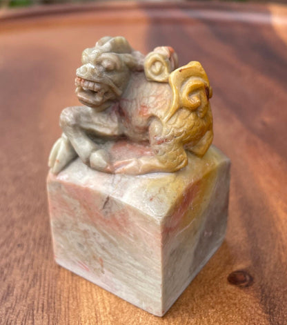 A Chinese Hand Carved Soapstone Seal With a Dragon on Top 67mm Tall