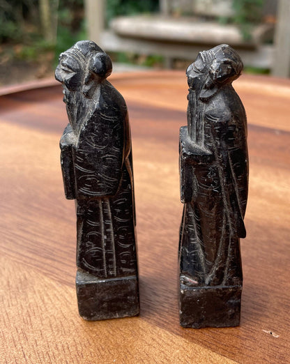 2 Antique Carved Dark Soapstone Statues of Chinese Wise/Holy Men 9cm Tall