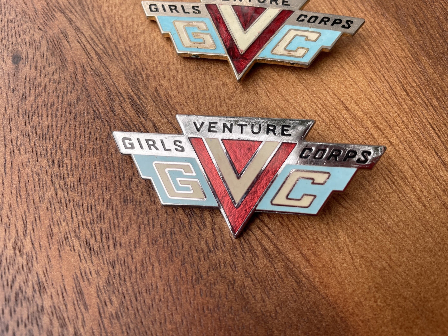 Two Early Chrome and Enamel Girls Venture Corps Hat Badges 61mm Wide