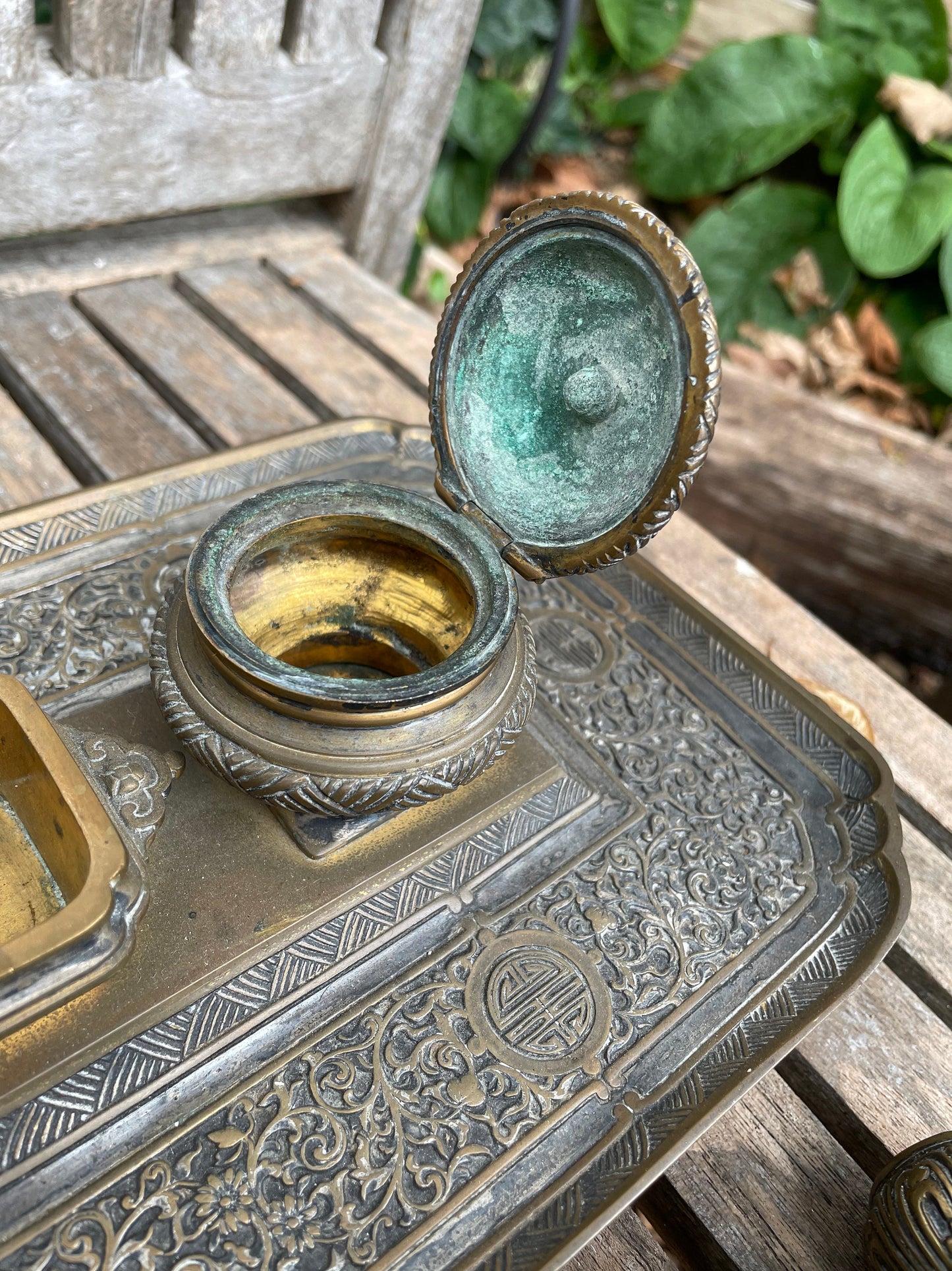 A 19th Century French Brass and Chinoiserie Encrier Desk Stand, by Delarue Paris Including Inkwells and Desk Blotter