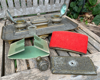 A 19th Century French Brass and Chinoiserie Encrier Desk Stand, by Delarue Paris Including Inkwells and Desk Blotter