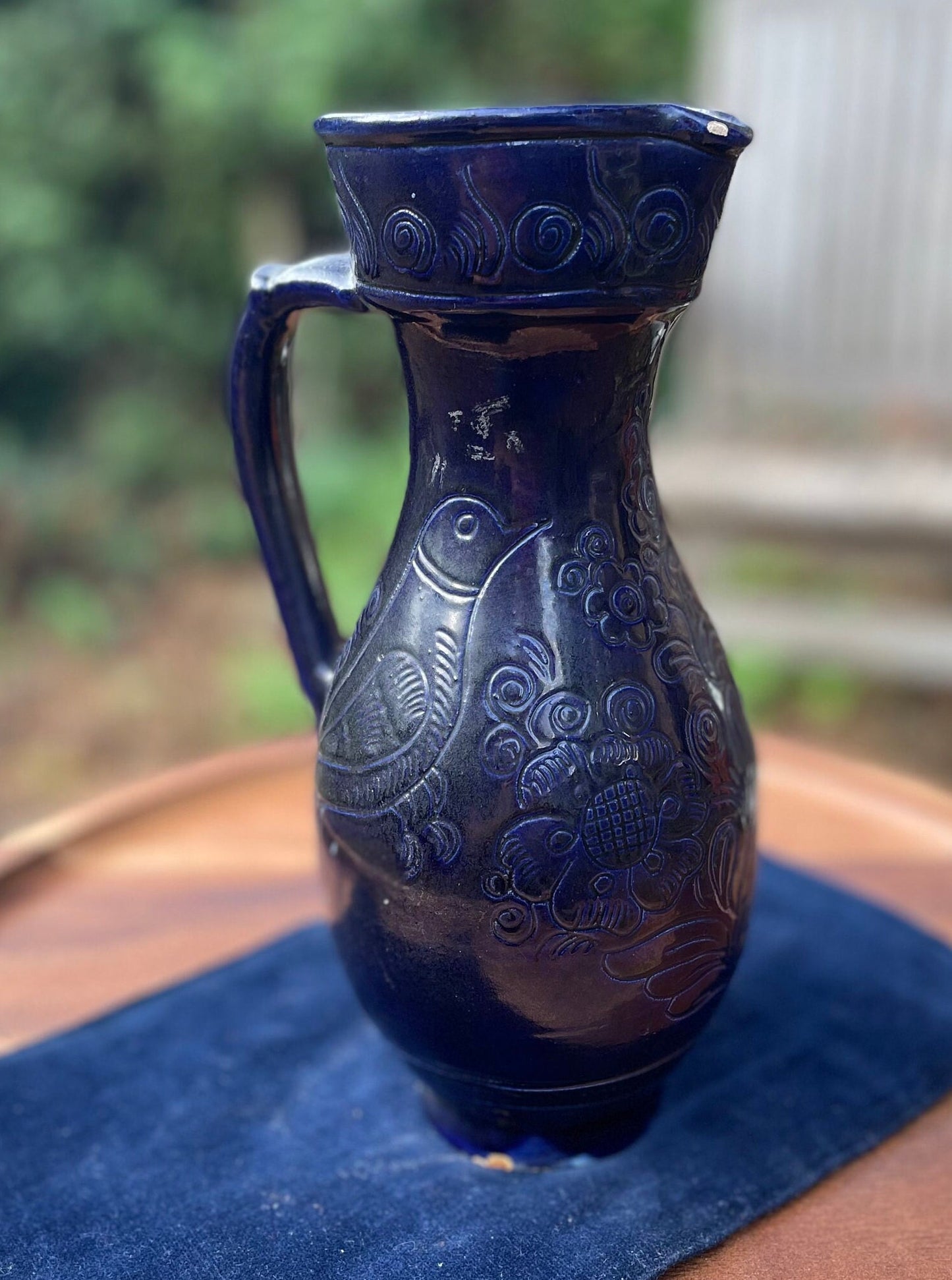 A Blue Vintage Glazed Studio Pottery Jug With Stylised Bird and Floral Design c1960 23cm Tall