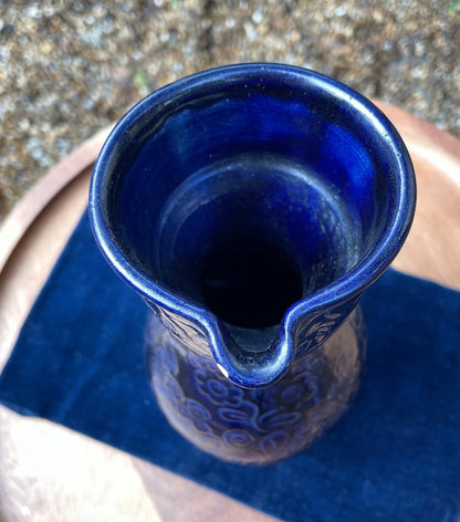 A Blue Vintage Glazed Studio Pottery Jug With Stylised Bird and Floral Design c1960 23cm Tall