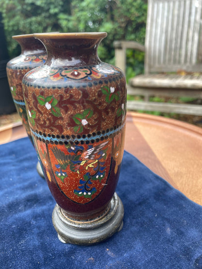 A Pair of Small Cloisonne Vases on Stands 13cm Tall