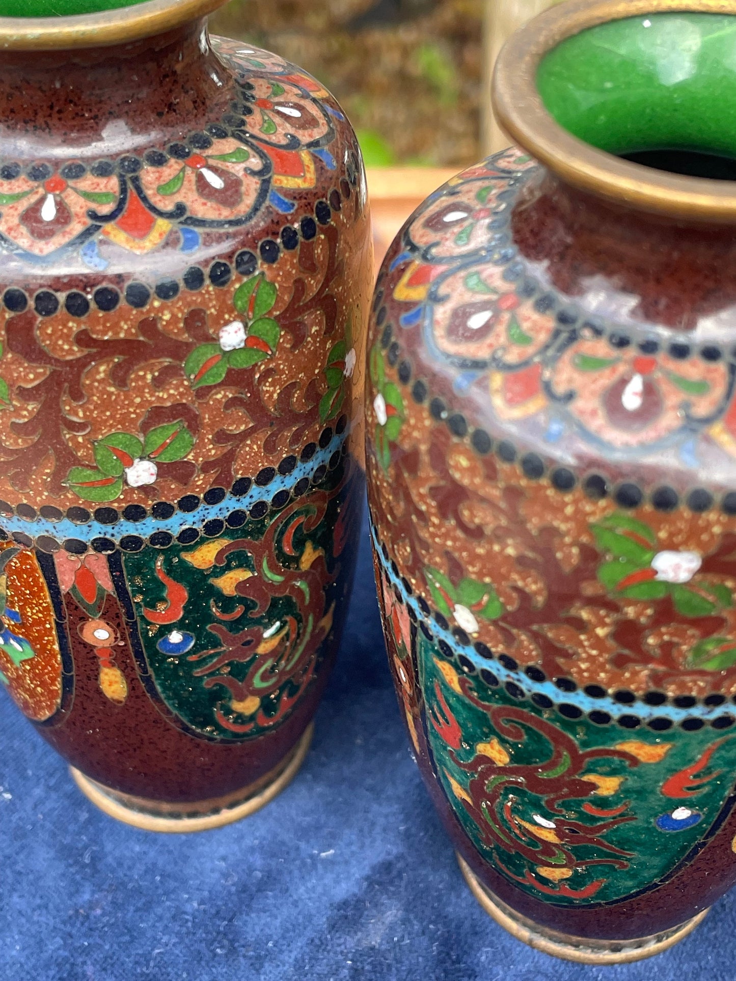 A Pair of Small Cloisonne Vases on Stands 13cm Tall