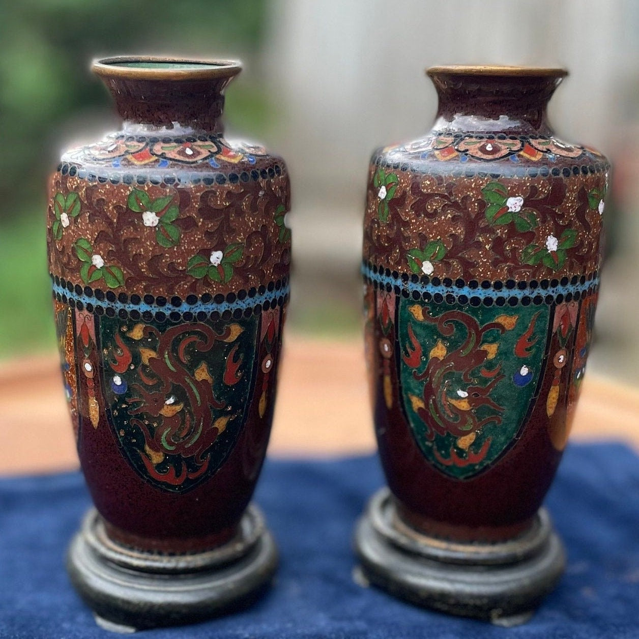 A Pair of Small Cloisonne Vases on Stands 13cm Tall