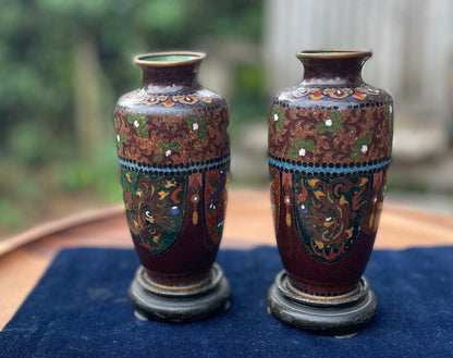 A Pair of Small Cloisonne Vases on Stands 13cm Tall