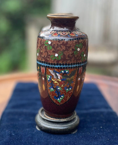 A Pair of Small Cloisonne Vases on Stands 13cm Tall