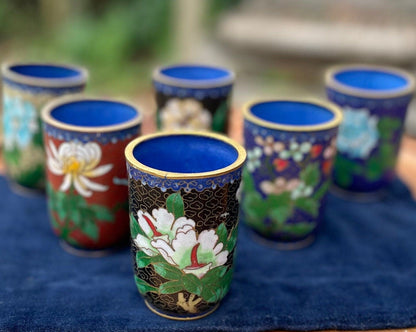 Six Small Chinese Cloisonne Beakers With Typical Floral Designs 7.5cm Tall