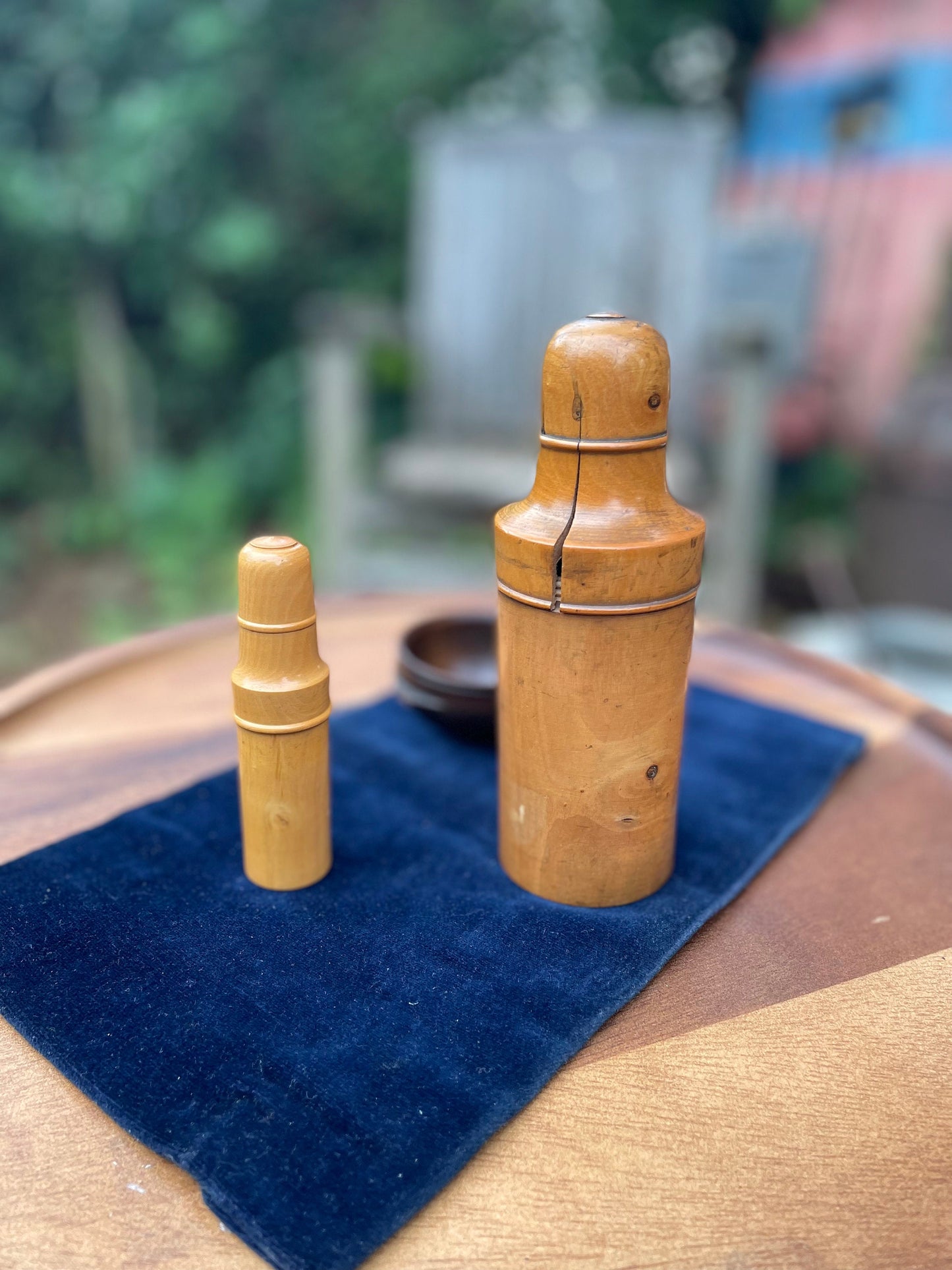 A  Group of Vintage/Antique Treen Items - a French Perfume Bottle Holder, Needle Case, Ladle Bowl c1890's