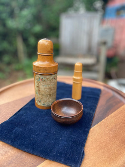 A  Group of Vintage/Antique Treen Items - a French Perfume Bottle Holder, Needle Case, Ladle Bowl c1890's