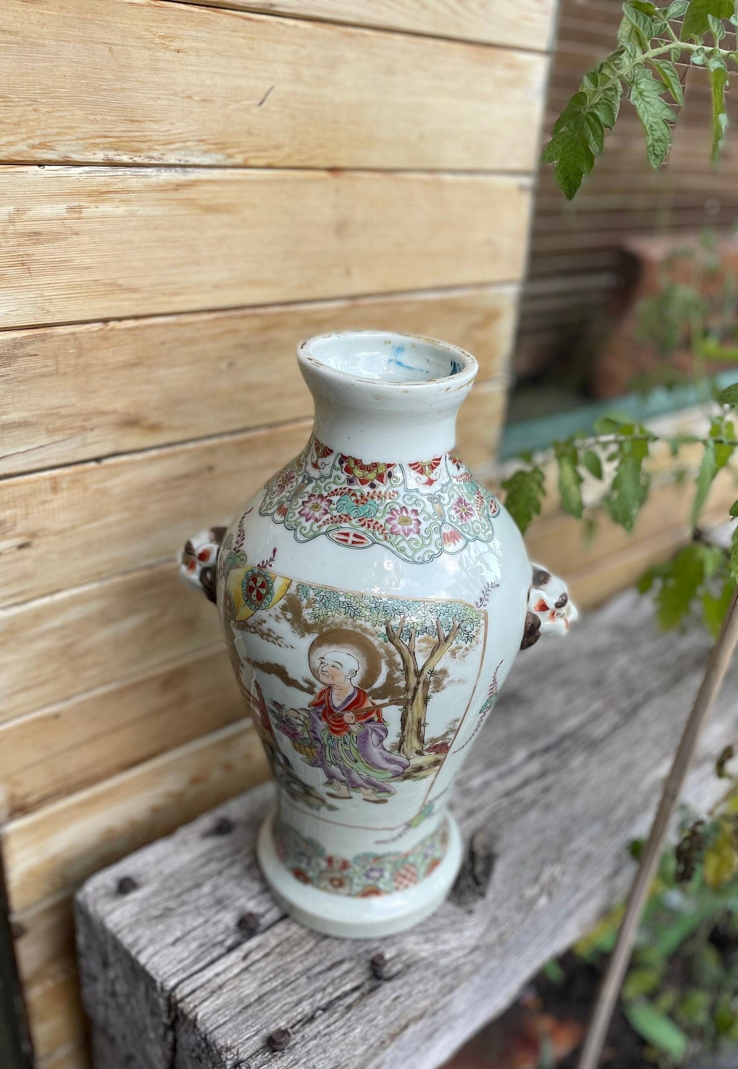 A Large Chinese Late 19th Century White Glaze Porcelain Vase With Hand Painted Figures, Bands of Blossom and Dog of Fo Handles, Height 37cm