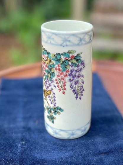 A Chinese Porcelain Cylinder Vase, Transfer Printed Birds and Blossom and Text, Clear Mark to Base 12cm Tall