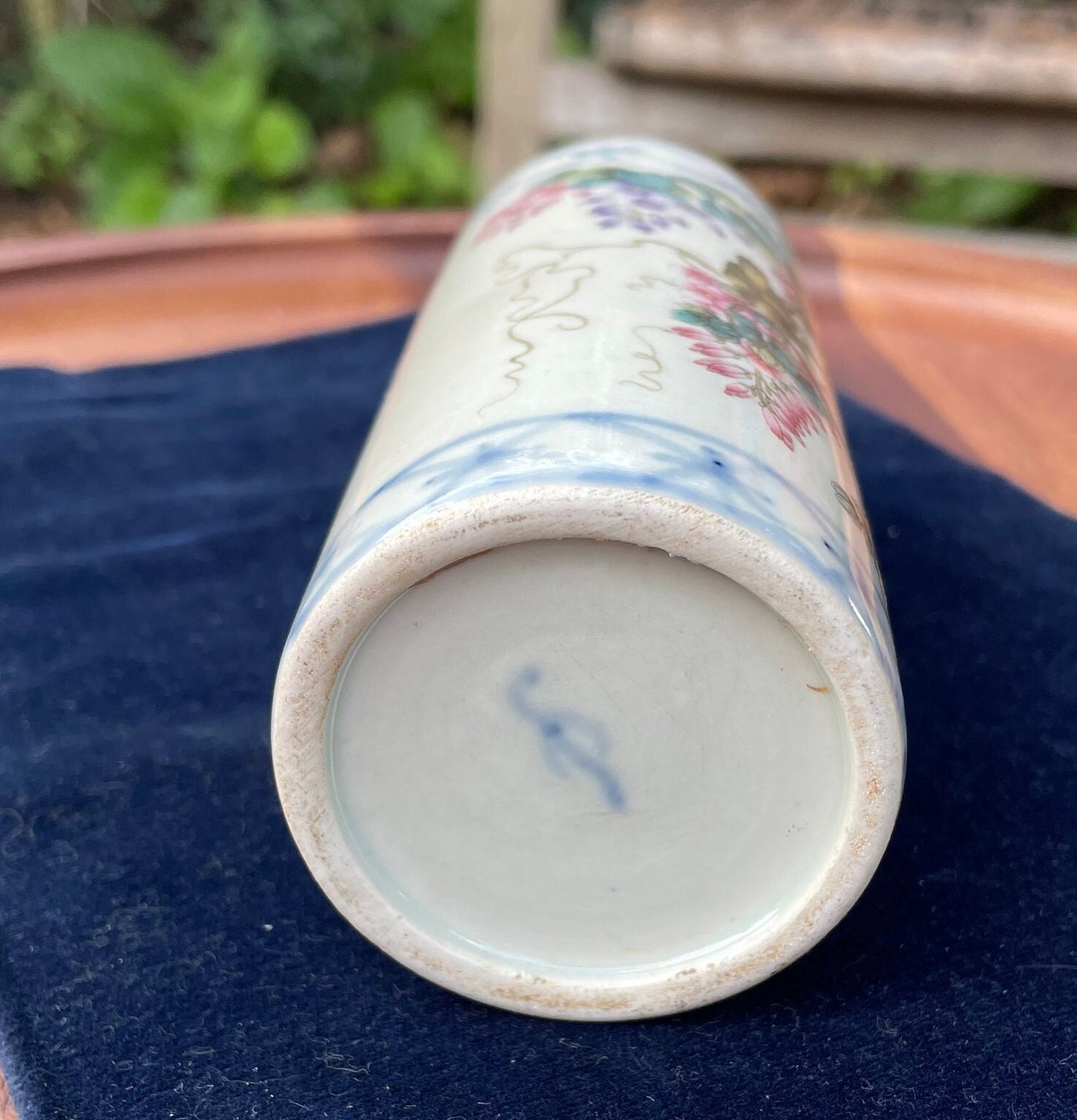 A Chinese Porcelain Cylinder Vase, Transfer Printed Birds and Blossom and Text, Clear Mark to Base 12cm Tall