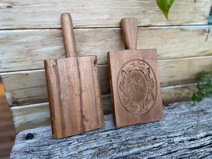 A Couple of Hand Carved 19th/early 20th Century Japanese Wooden Reversible Rice Moulds Longest 13cm incl. Handle