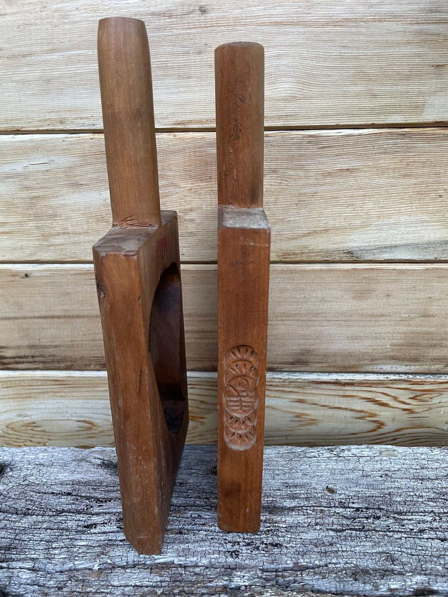 A Couple of Hand Carved 19th/early 20th Century Japanese Wooden Reversible Rice Moulds Longest 13cm incl. Handle