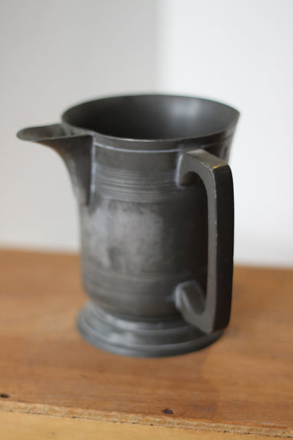 A 19th Century Pewter Side-Pouring Jug With Verification Marks, Engraved Cartouche and Base With a W&M Stamp