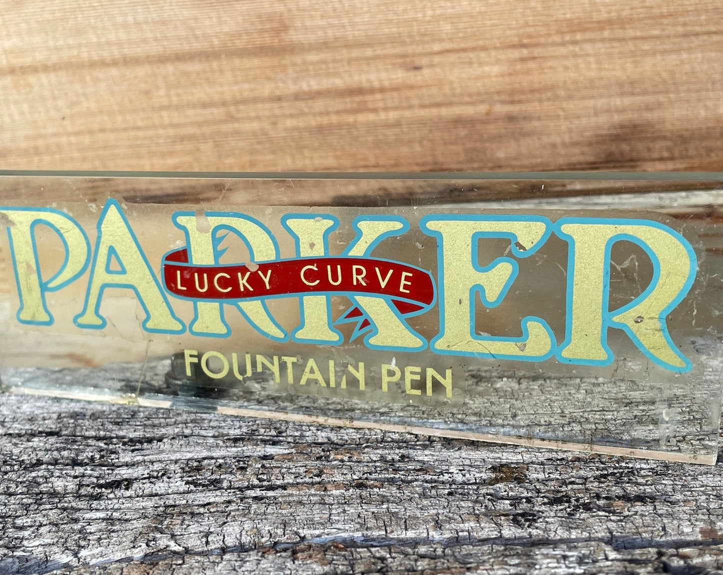 A Rare Antique Glass Parker Fountain Pen Lucky Curve Advertising Sign 157mm Wide