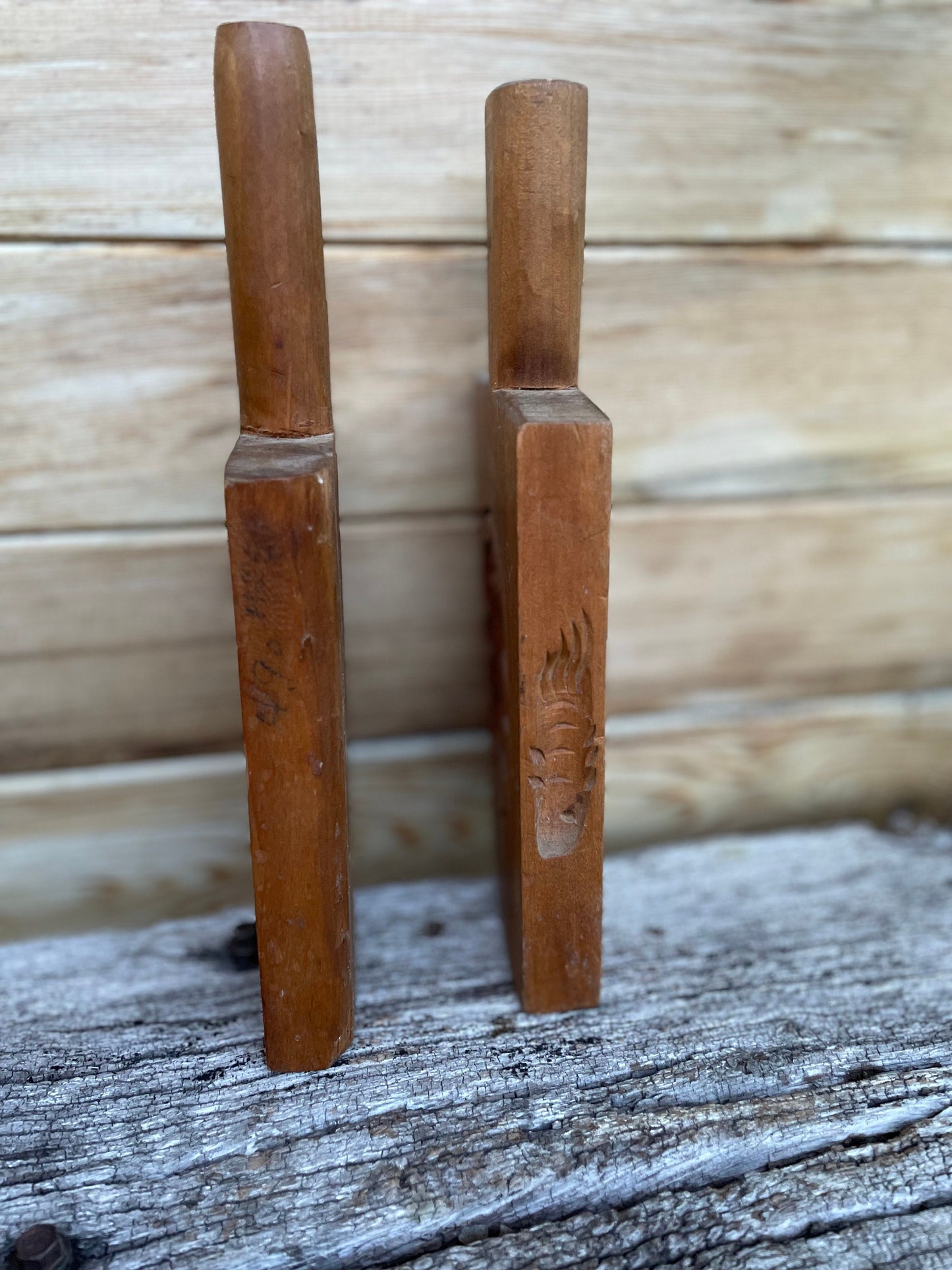 A Couple of Hand Carved 19th/early 20th Century Japanese Wooden Reversible Rice Moulds Longest 13cm incl. Handle