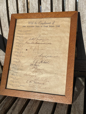 An Original Framed Signed 1948 Australian Cricket Team Sheet Including Don Bradman
