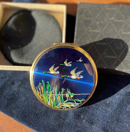 A Boxed Compact by Stratton With Flying Ducks over Reads in a Soft Case 8cm Diameter