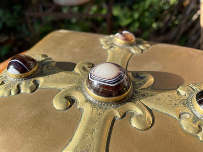 A  Very Fine Victorian Brass Table Box Decorated with Cabochon Agate Stones - Stamped Howell James & Co Regent St London c1870 20cm wide