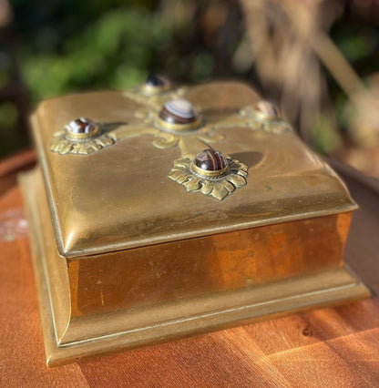 A  Very Fine Victorian Brass Table Box Decorated with Cabochon Agate Stones - Stamped Howell James & Co Regent St London c1870 20cm wide