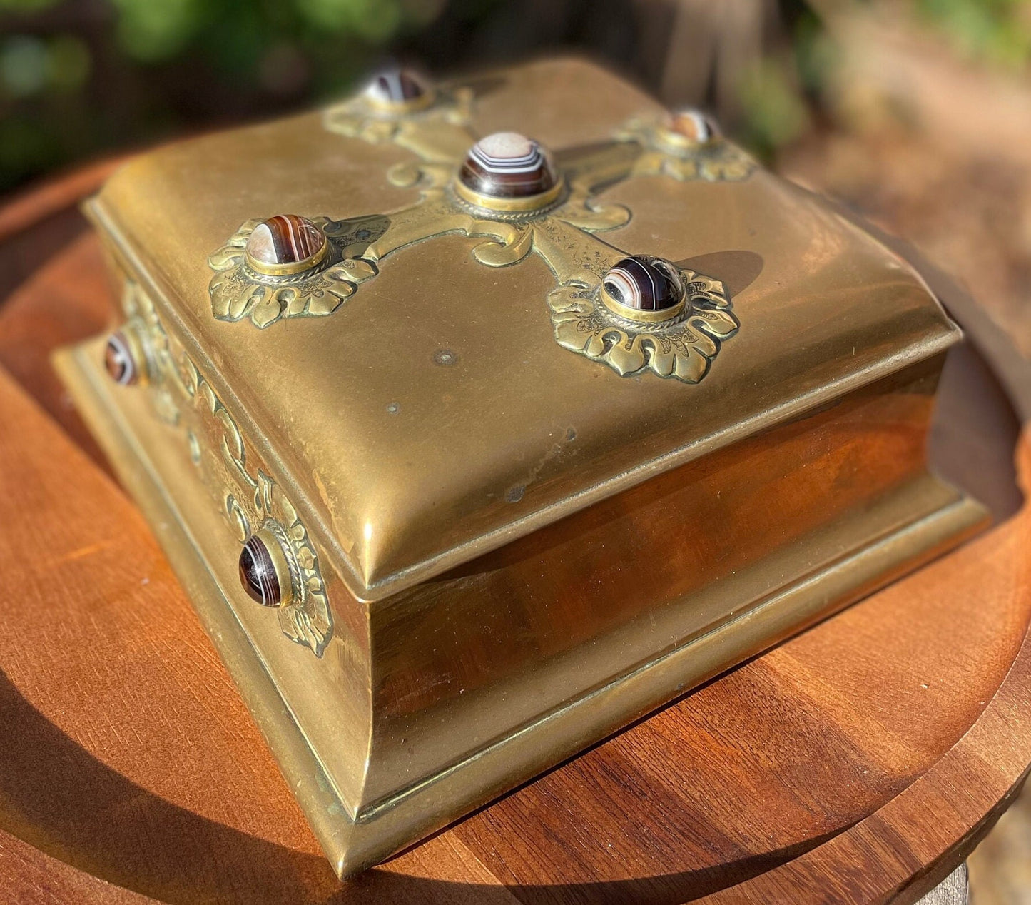 A  Very Fine Victorian Brass Table Box Decorated with Cabochon Agate Stones - Stamped Howell James & Co Regent St London c1870 20cm wide