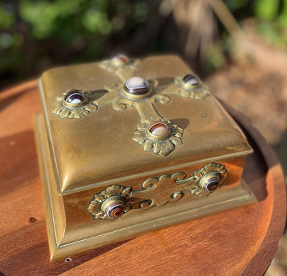 A  Very Fine Victorian Brass Table Box Decorated with Cabochon Agate Stones - Stamped Howell James & Co Regent St London c1870 20cm wide