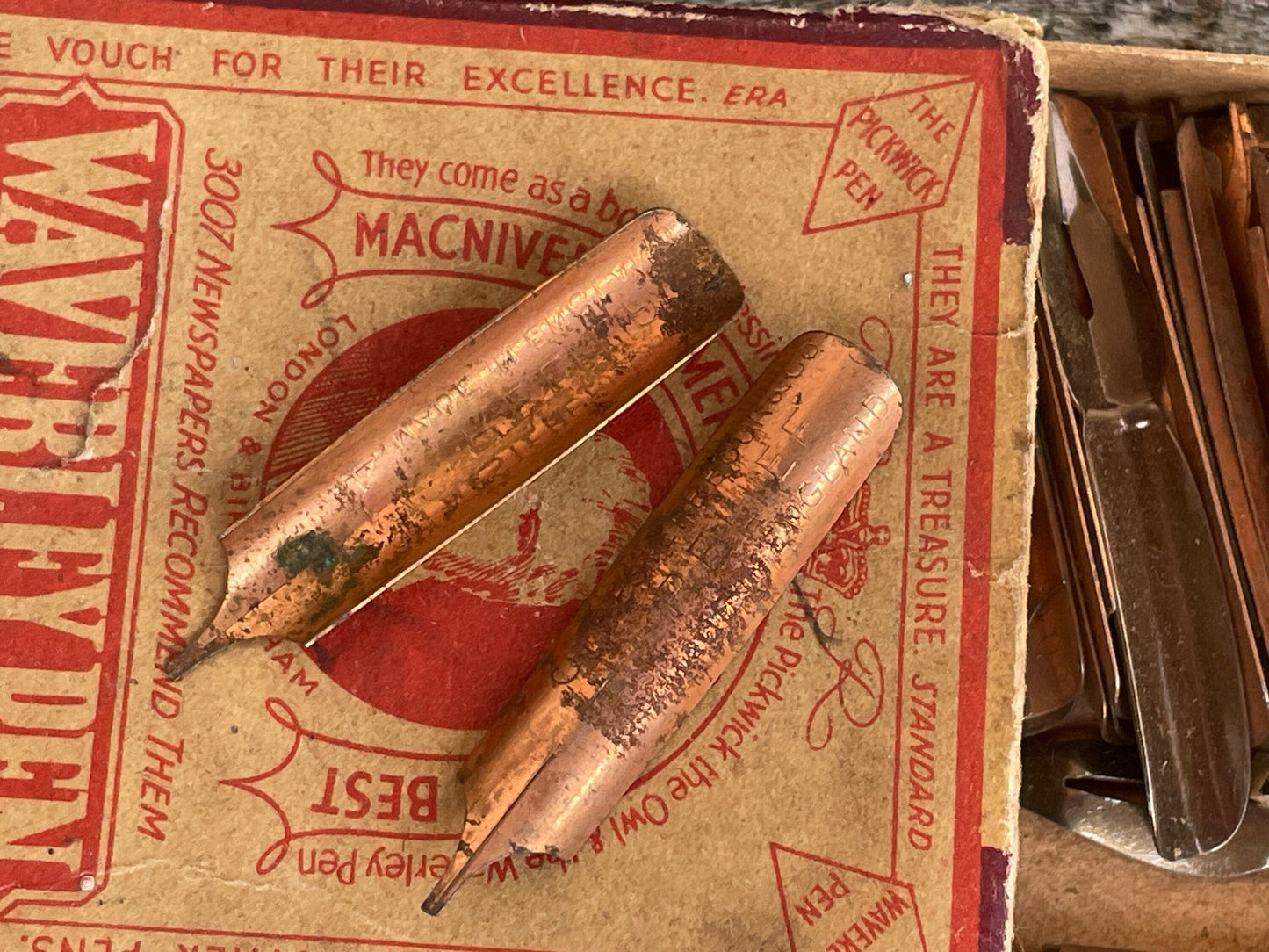 A Vintage Opened Box of Pen Nibs in a Macniven & Cameronmainly Waverley Pen Box