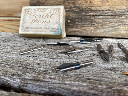 A Vintage Script Pens Box Full of Various Nibs - Script, Left Hand, Shellfish, Lino Cutter, Decro, Shakespeare Nibs etc