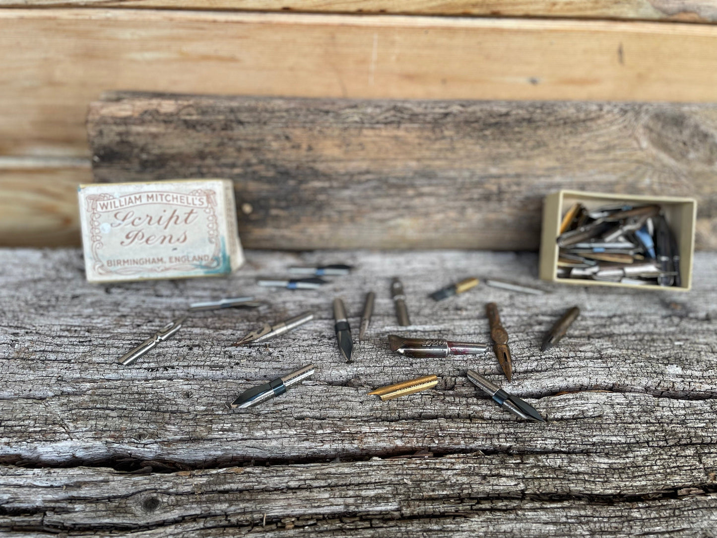 A Vintage Script Pens Box Full of Various Nibs - Script, Left Hand, Shellfish, Lino Cutter, Decro, Shakespeare Nibs etc