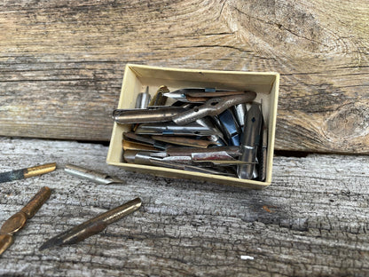 A Vintage Script Pens Box Full of Various Nibs - Script, Left Hand, Shellfish, Lino Cutter, Decro, Shakespeare Nibs etc