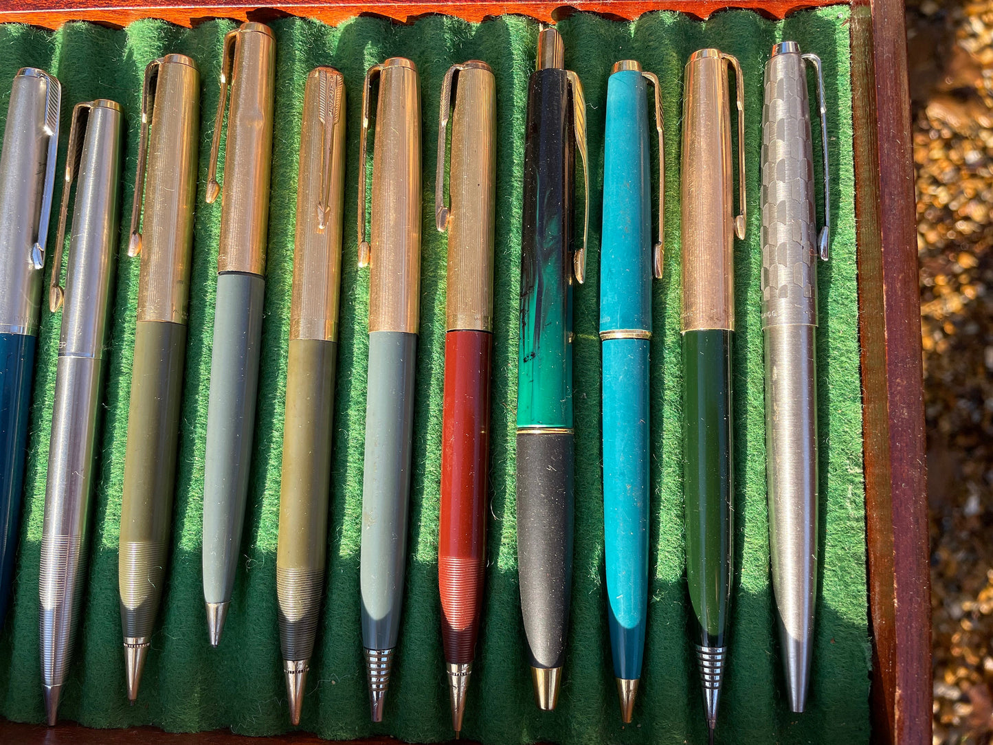 A Fine Collection of Parker Propelling/Clutch Pencils and Ball Points in a Hard Wood Presentation Case