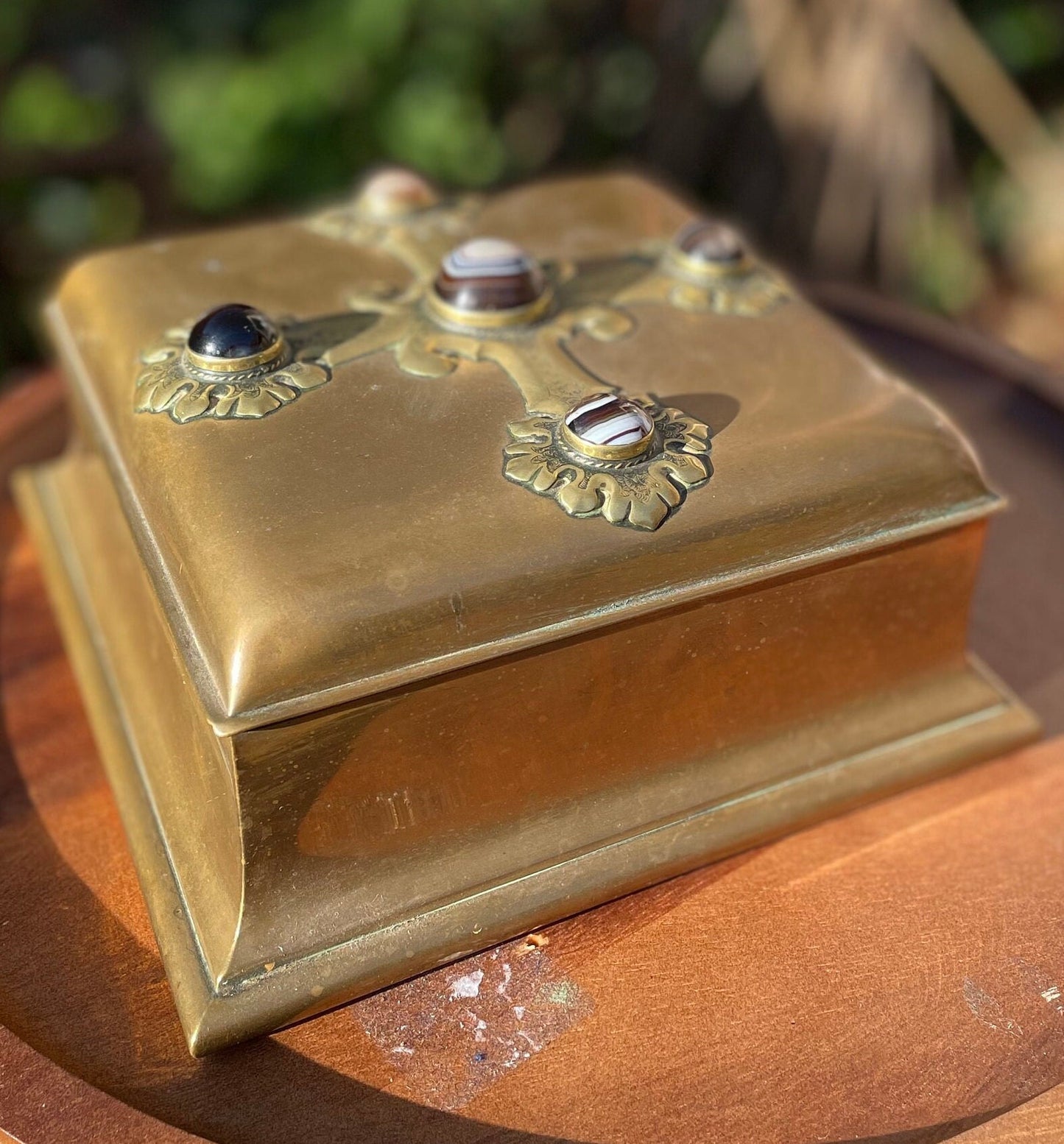 A  Very Fine Victorian Brass Table Box Decorated with Cabochon Agate Stones - Stamped Howell James & Co Regent St London c1870 20cm wide