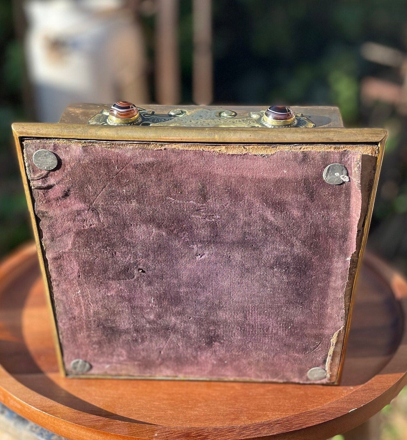 A  Very Fine Victorian Brass Table Box Decorated with Cabochon Agate Stones - Stamped Howell James & Co Regent St London c1870 20cm wide