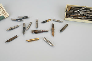 A Vintage Script Pens Box Full of Various Nibs - Script, Left Hand, Shellfish, Lino Cutter, Decro, Shakespeare Nibs etc