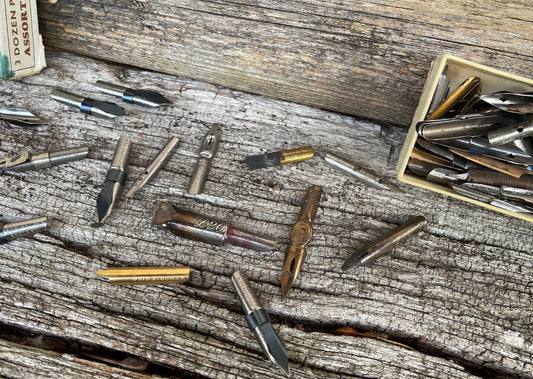 A Vintage Script Pens Box Full of Various Nibs - Script, Left Hand, Shellfish, Lino Cutter, Decro, Shakespeare Nibs etc