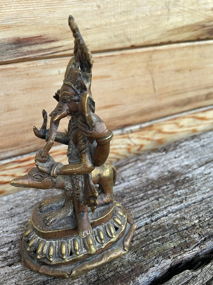 A 19th Century Indian Brass Statue of Ganesha Straddling The Rat Mushika 14cm Tall